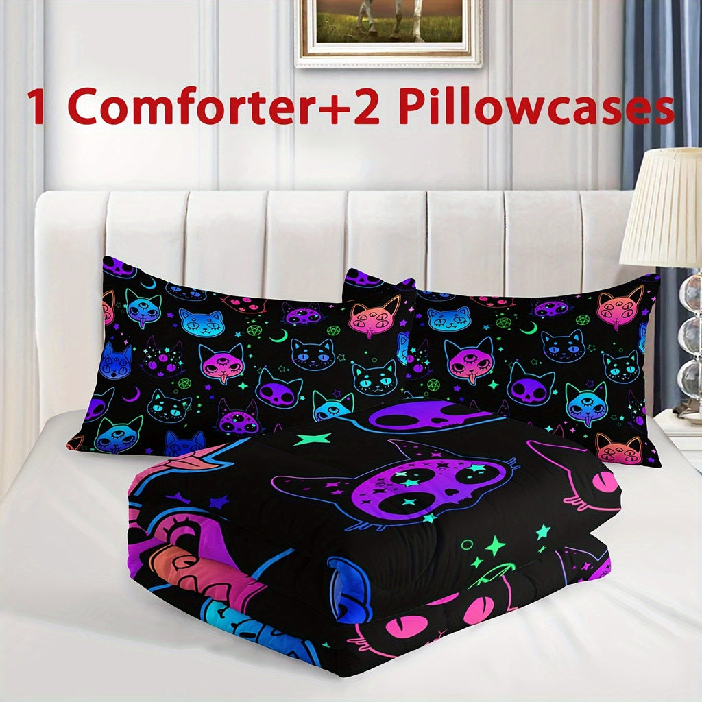 3pcs Neon Cat Print Comforter Set, Soft Comfortable Comfortable Bedding Set, For Bedroom Guest Room Dorm (1*Comforter + 2*Pillowcase, Without Core)