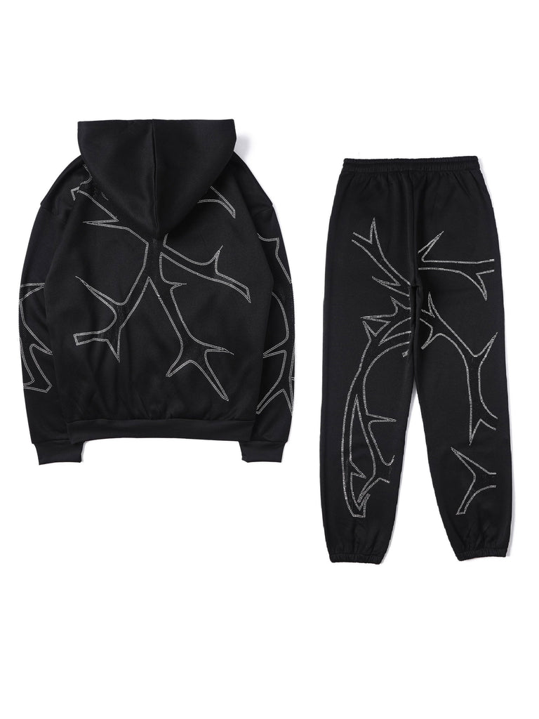 Casual Abstract Print Sweatpants Set, Zip-up Long Sleeve Hoodie & Elastic Waist Jogger Pants Outfits, Women's Clothing