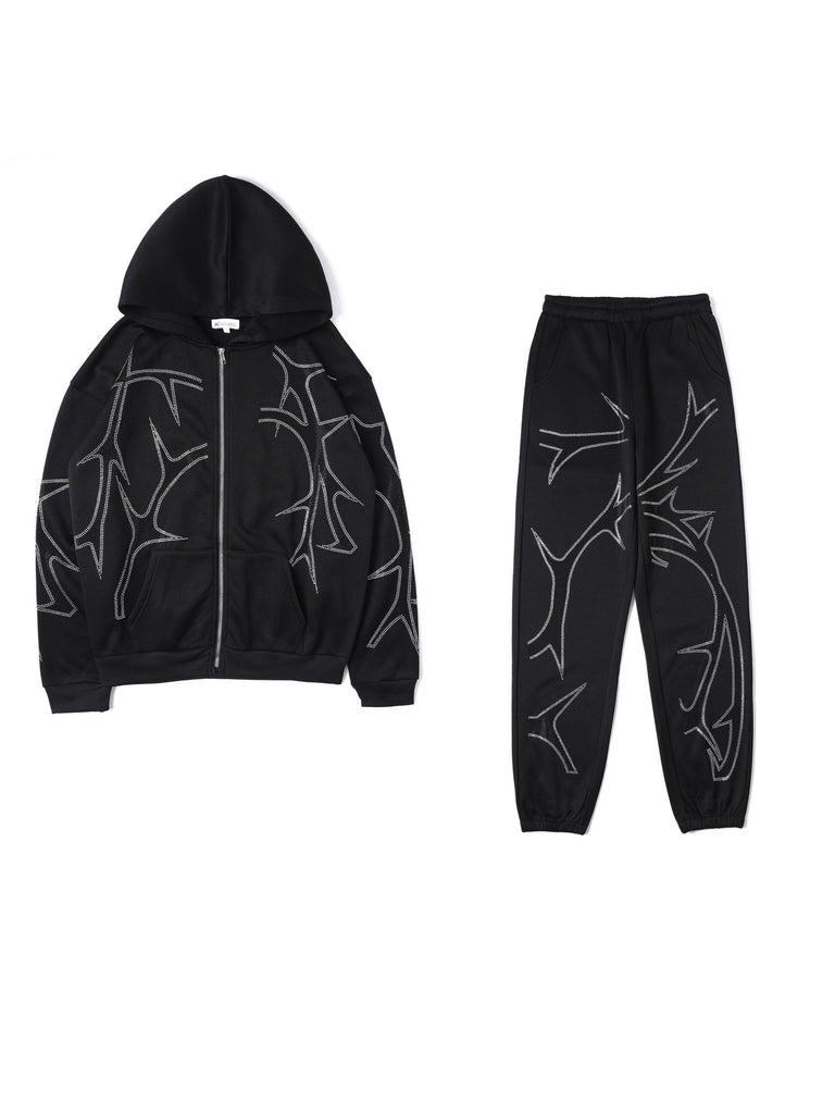 Casual Abstract Print Sweatpants Set, Zip-up Long Sleeve Hoodie & Elastic Waist Jogger Pants Outfits, Women's Clothing
