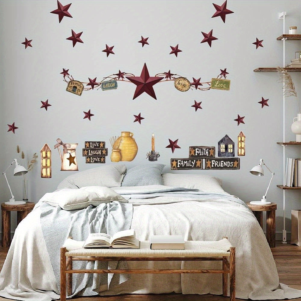 1pc Country Style Wall Decal, Country Stars Berries Live Love Laugh Wall Sticker, Vintage Western Country Home Farmhouse Wall Decor Sticker, Rustic Decor For Living Room Bedroom