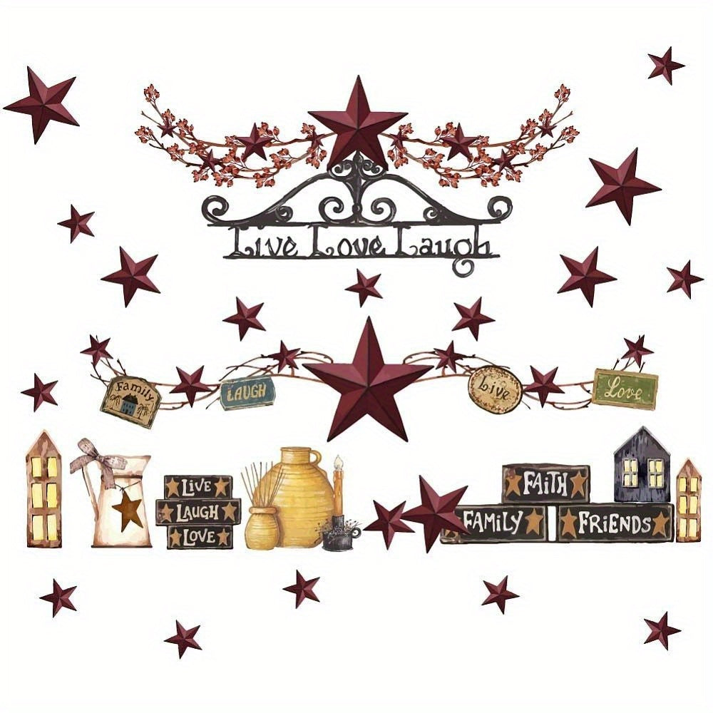 1pc Country Style Wall Decal, Country Stars Berries Live Love Laugh Wall Sticker, Vintage Western Country Home Farmhouse Wall Decor Sticker, Rustic Decor For Living Room Bedroom