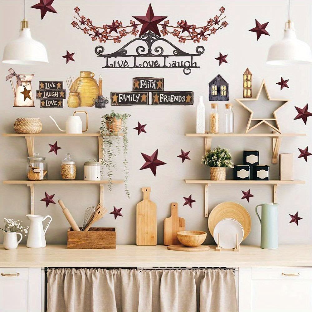 1pc Country Style Wall Decal, Country Stars Berries Live Love Laugh Wall Sticker, Vintage Western Country Home Farmhouse Wall Decor Sticker, Rustic Decor For Living Room Bedroom