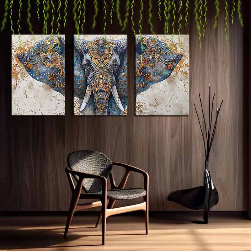 Framed Canvas Wall Art - 60cmx90cm (24inchx36inch) - Set of 3 - Watercolor & Ink Elephant with Indian Patterns - Ready to Hang - For Living Room & Bedroom Decor - Perfect Gift for Art Lovers