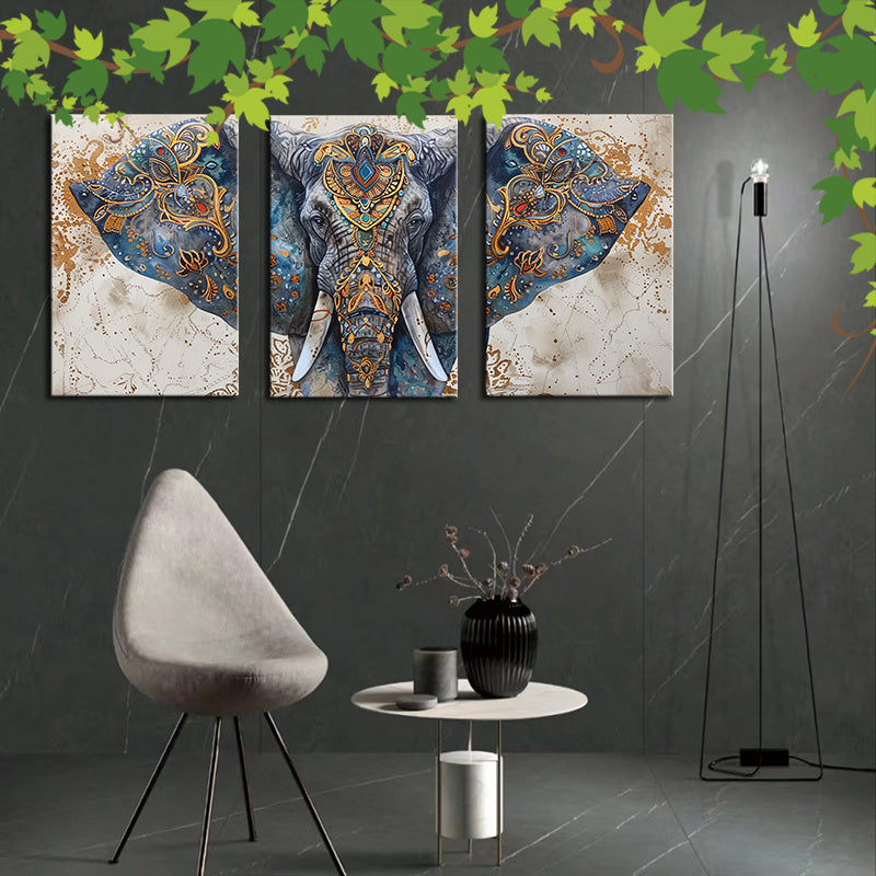 Framed Canvas Wall Art - 60cmx90cm (24inchx36inch) - Set of 3 - Watercolor & Ink Elephant with Indian Patterns - Ready to Hang - For Living Room & Bedroom Decor - Perfect Gift for Art Lovers
