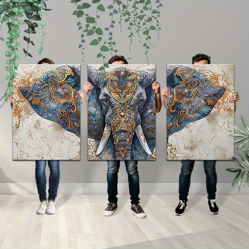 Framed Canvas Wall Art - 60cmx90cm (24inchx36inch) - Set of 3 - Watercolor & Ink Elephant with Indian Patterns - Ready to Hang - For Living Room & Bedroom Decor - Perfect Gift for Art Lovers