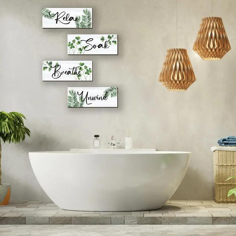 4pcs Farmhouse Bathroom Wall Decor Set - Green Leaves & Inspirational Wooden Signs, Relax/Soak/Unwind/Breathe Motifs, Nail-Free Installation with Double-Sided Adhesive