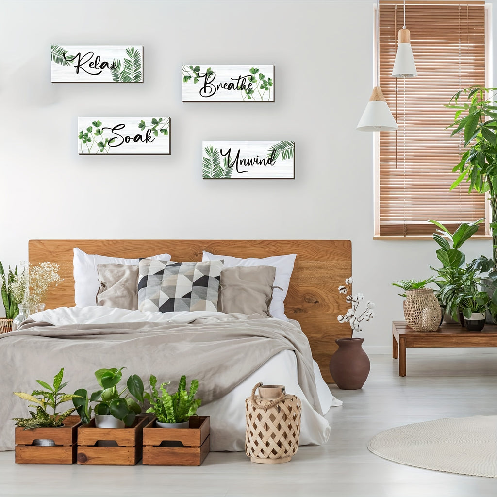 4pcs Farmhouse Bathroom Wall Decor Set - Green Leaves & Inspirational Wooden Signs, Relax/Soak/Unwind/Breathe Motifs, Nail-Free Installation with Double-Sided Adhesive