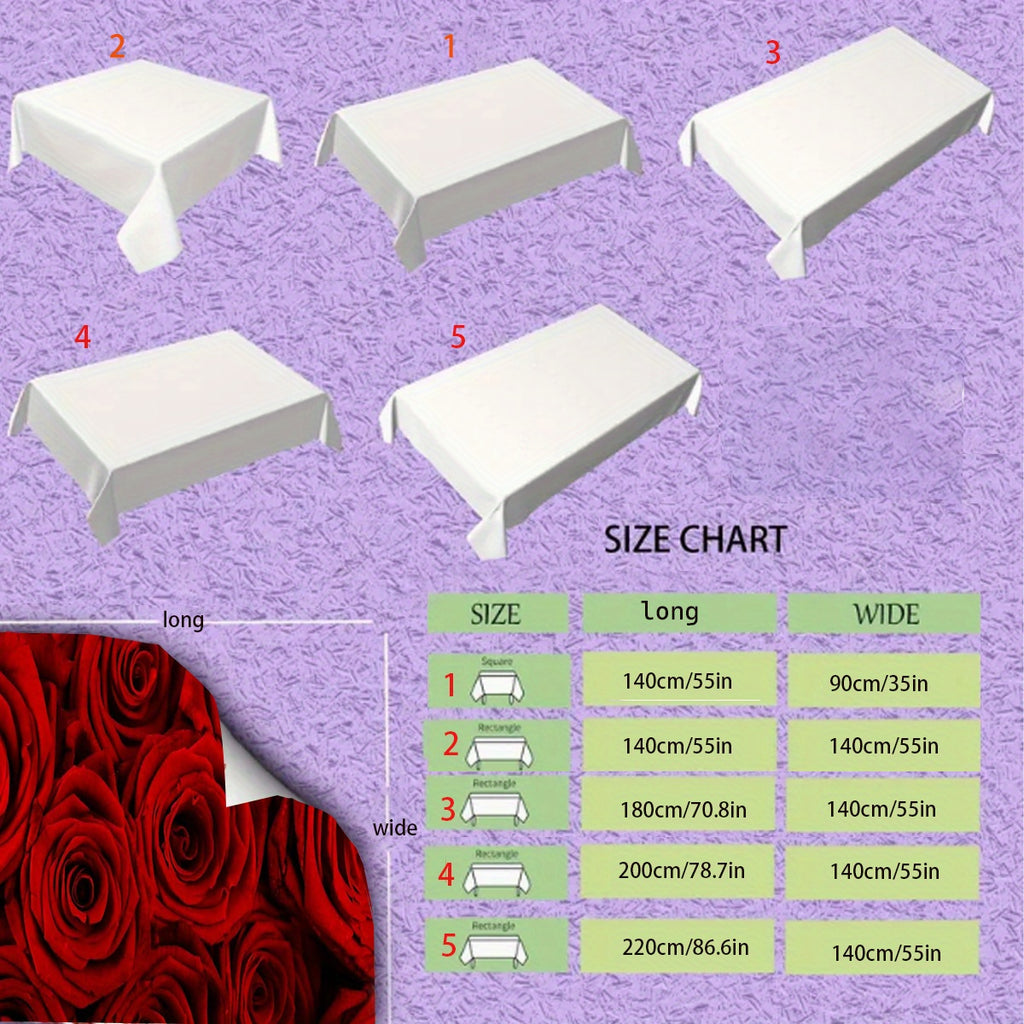 1pc Red Rose Wedding Theme Tablecloth, Machine-Washable Reusable Polyester Table Cover for Home Kitchen Dining, Indoor Outdoor Party Holiday Decor