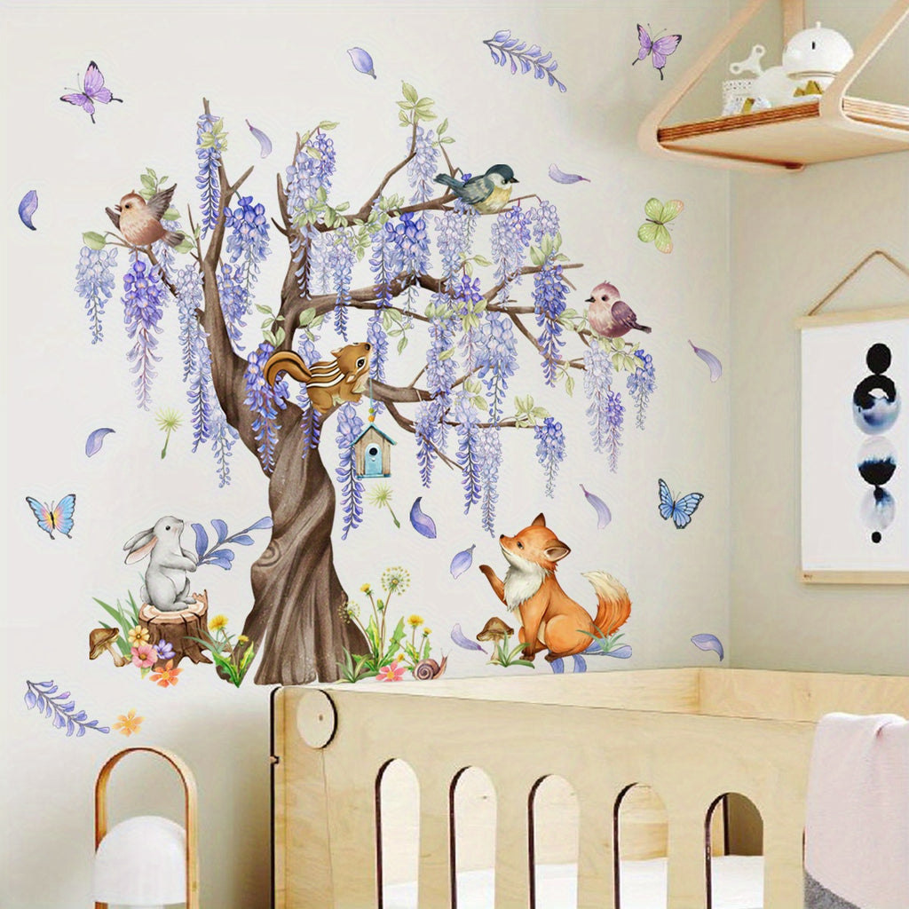 Charming Purple Vine Animal Wall Decals - Bunny & Fox Butterflies, 1pc Removable Vinyl Stickers for Nursery & Youngsters' Room Decor, Adorable Cartoon Animal Wall Art for Bedroom and Living Spaces