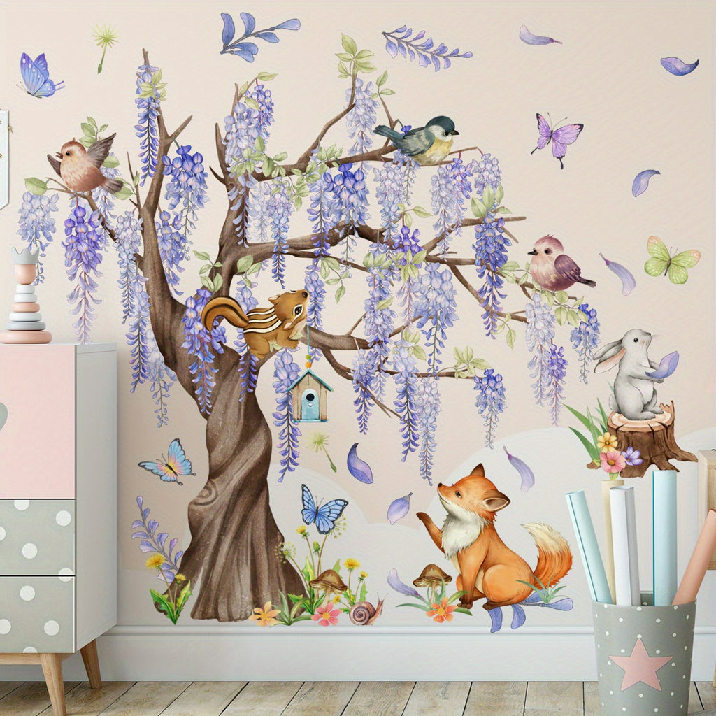 Charming Purple Vine Animal Wall Decals - Bunny & Fox Butterflies, 1pc Removable Vinyl Stickers for Nursery & Youngsters' Room Decor, Adorable Cartoon Animal Wall Art for Bedroom and Living Spaces