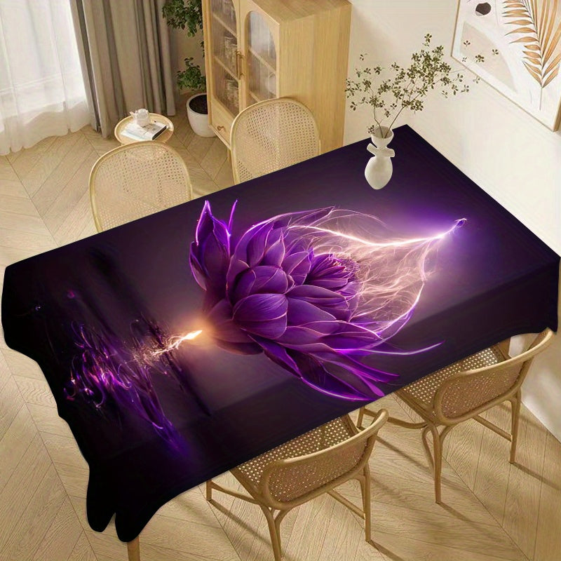 Purple Lotus Flower Printed Polyester Tablecloth - Woven Rectangular Geometric Pattern, Machine Made, Waterproof, Oil Proof, Heat Resistant, Stain Resistant for Dining, Party, Multiple Occasions