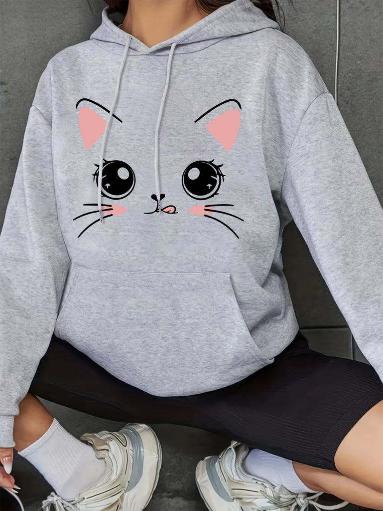 Cute Cartoon Cat Print Kangaroo Pocket Hoodie, Casual Long Sleeve Drawstring Hoodies Sweatshirt, Women's Clothing