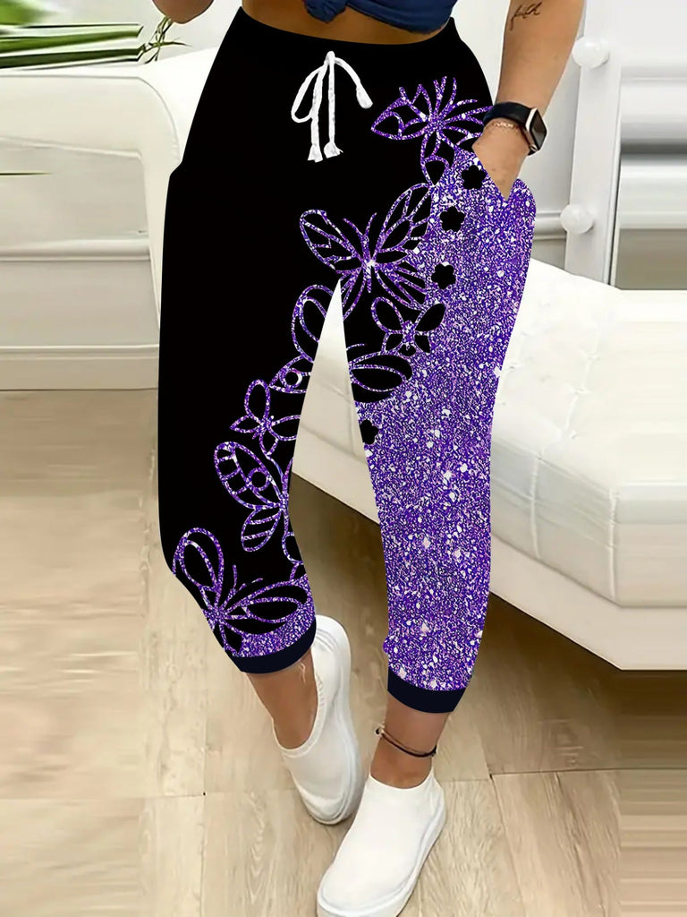 Butterfly Print Drawstring Jogger Pants, Casual High Waist Pocket Pants - Lightweight & Breathable Fabric - For Spring & Summer - Women's Clothing - Perfect for Casual Wear & Loungewear
