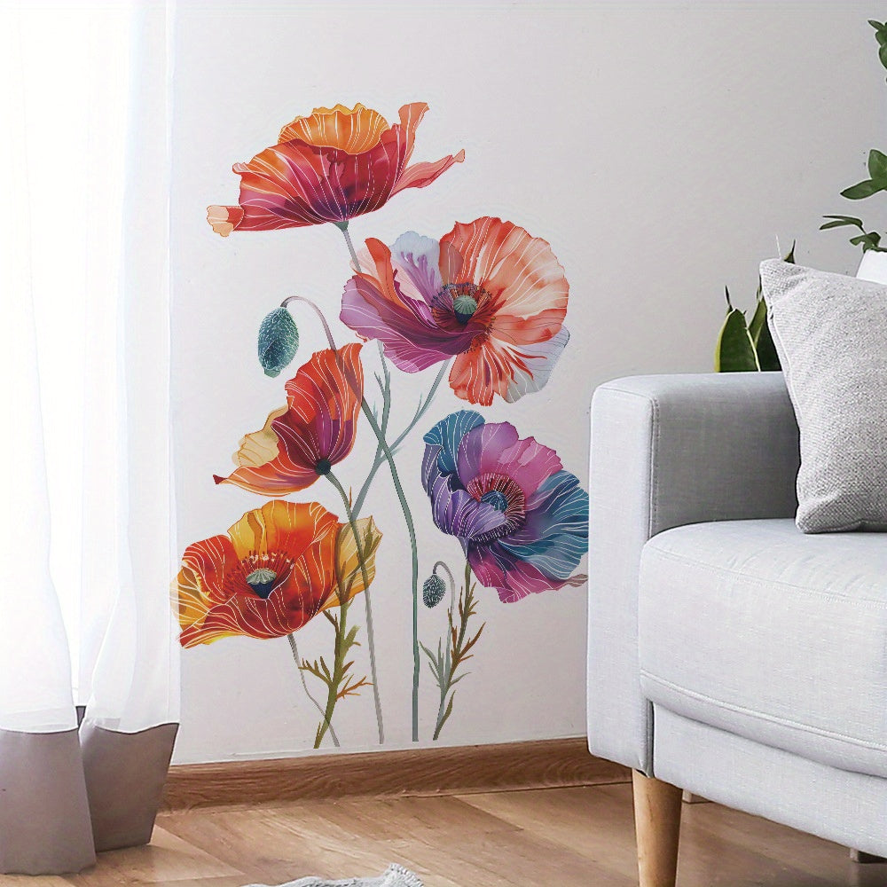 Modern Poppy Flower Wall Stickers - 2 Pack, Plastic Semi-Matte Finish, Self-Adhesive Large Floral Decals for Home Decor, Living Room, Bedroom, Dining Room, Study, Detachable, Single Use, Ideal for Glass Surfaces