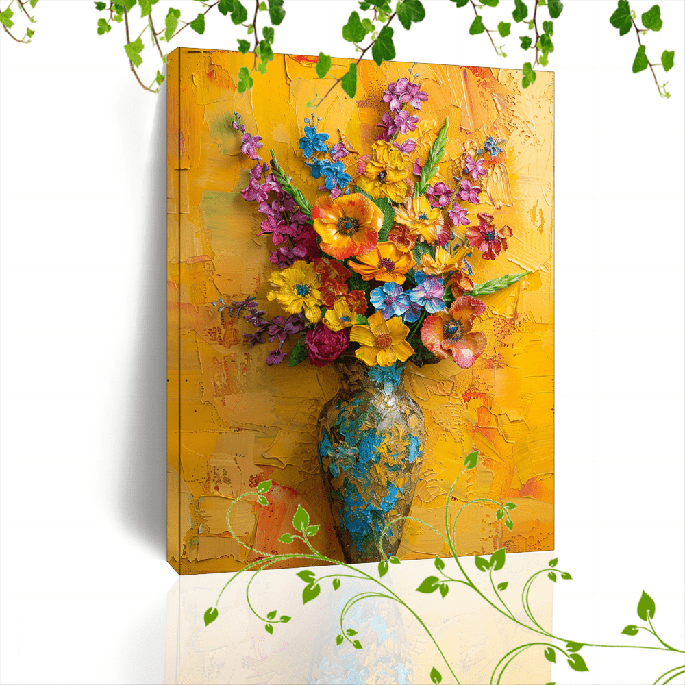 1pc Wooden Framed Canvas Painting Artwork Very suitable for office corridor home living room decoration Floral arrangement, vase, vibrant colors, textured painting, yellow background
