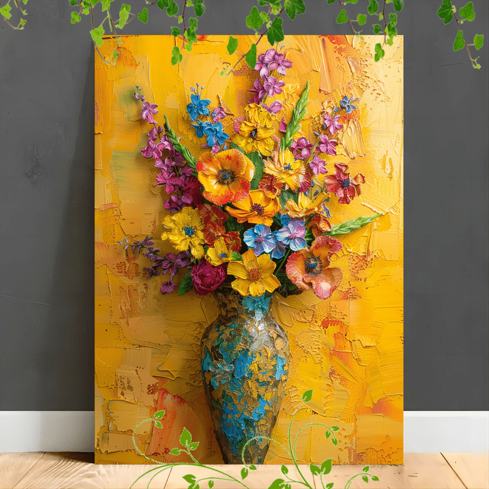 1pc Wooden Framed Canvas Painting Artwork Very suitable for office corridor home living room decoration Floral arrangement, vase, vibrant colors, textured painting, yellow background