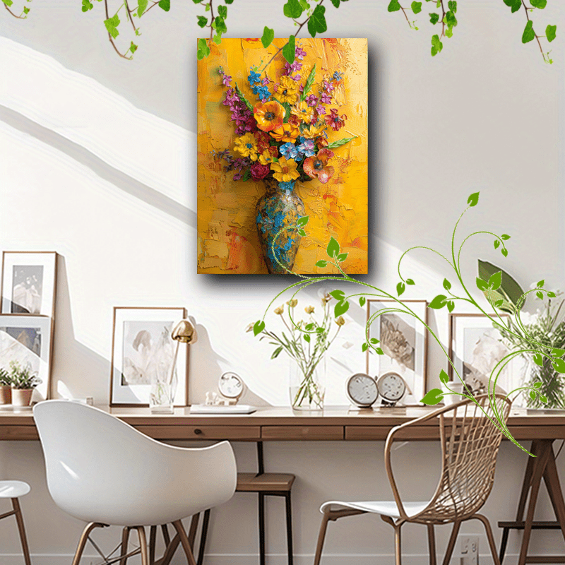 1pc Wooden Framed Canvas Painting Artwork Very suitable for office corridor home living room decoration Floral arrangement, vase, vibrant colors, textured painting, yellow background