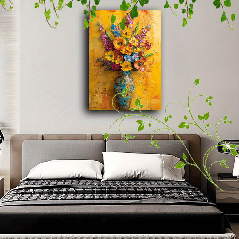 1pc Wooden Framed Canvas Painting Artwork Very suitable for office corridor home living room decoration Floral arrangement, vase, vibrant colors, textured painting, yellow background