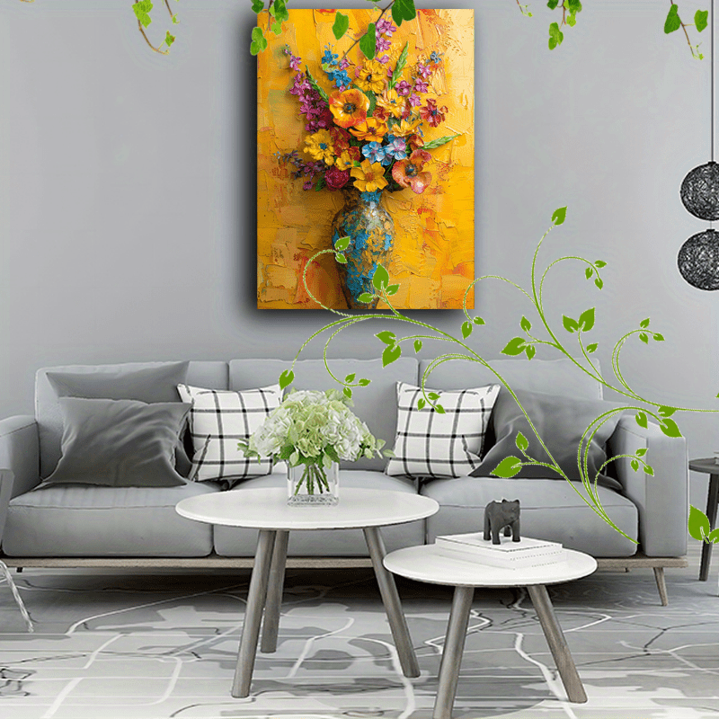 1pc Wooden Framed Canvas Painting Artwork Very suitable for office corridor home living room decoration Floral arrangement, vase, vibrant colors, textured painting, yellow background