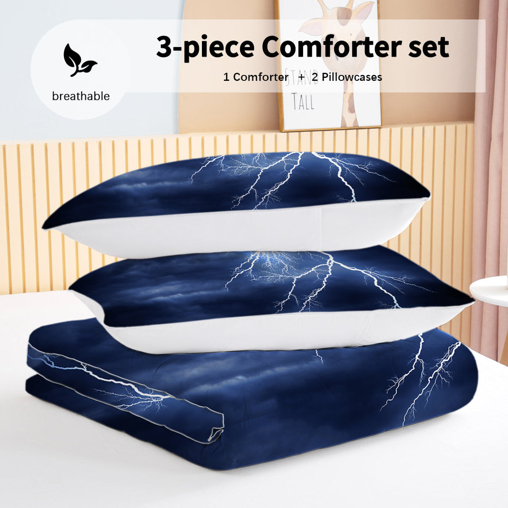 Lightning Storm Bedding Blue Lightning Strike Comforter Set 3 Piece Lightning Storm Bed Sets 3D Nature Design Quilt Set