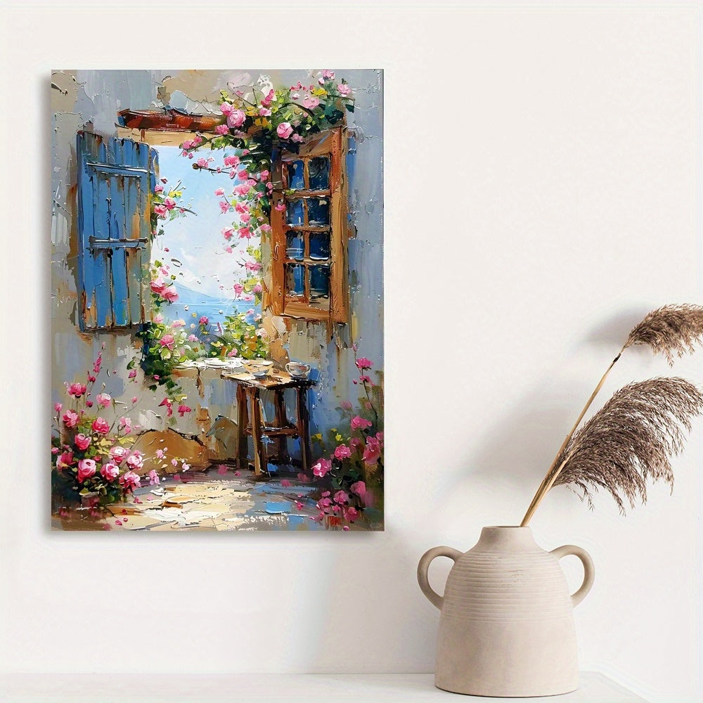 1pc Wooden Framed Wall Art, Beautiful Window Scene with Flowers Wrapped Canvas Prints Poster, Hanging Hardware Included, Birthday Party Decor, Mother's Day New Year Easter Gift, Home Living Room Office Wall Decor, Perfect Gift and Home Decoration