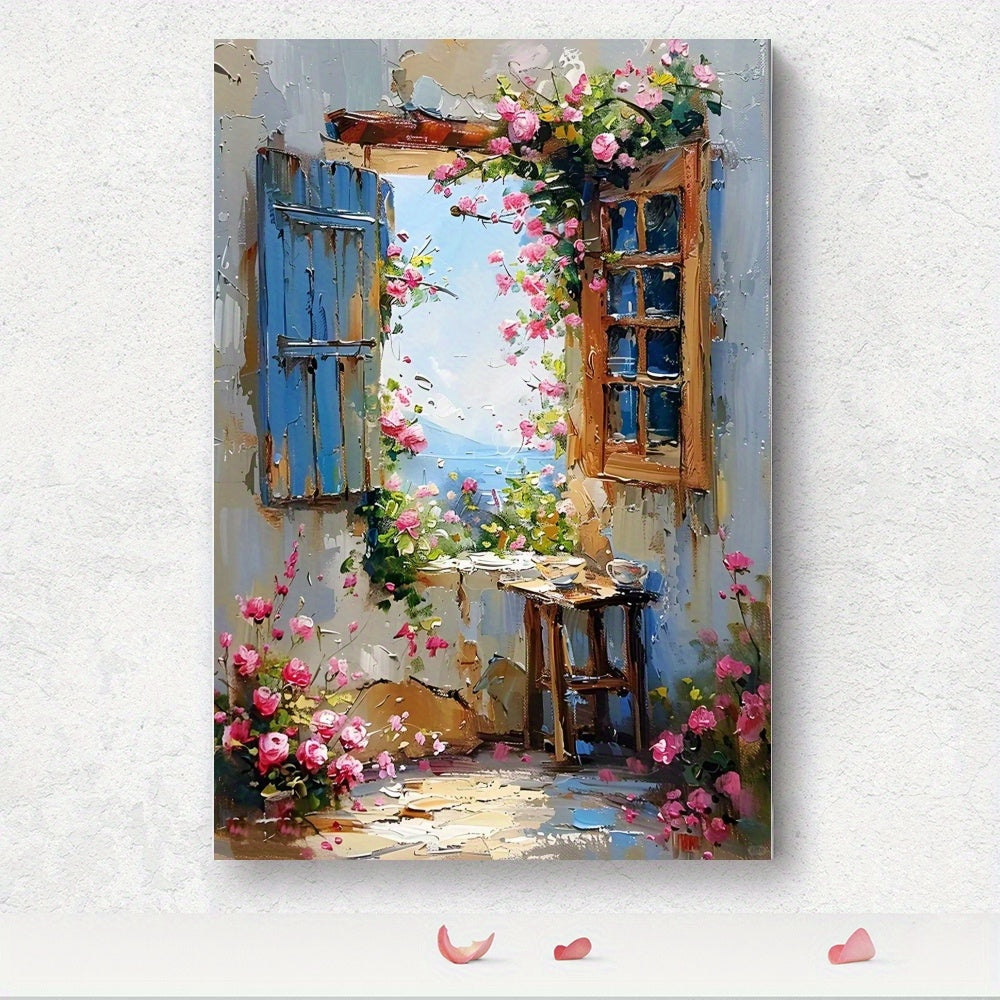 1pc Wooden Framed Wall Art, Beautiful Window Scene with Flowers Wrapped Canvas Prints Poster, Hanging Hardware Included, Birthday Party Decor, Mother's Day New Year Easter Gift, Home Living Room Office Wall Decor, Perfect Gift and Home Decoration