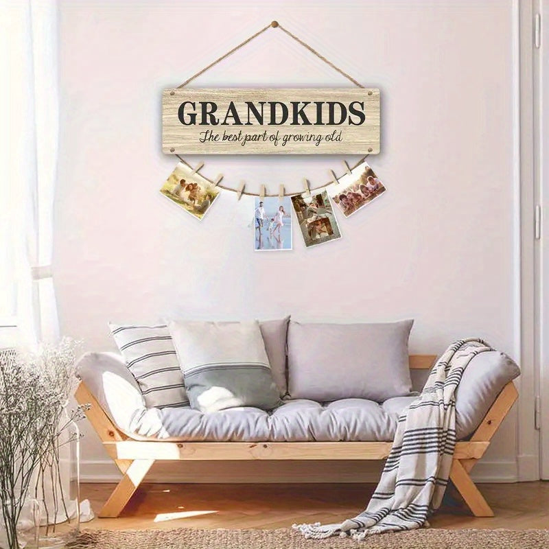 Grandkids Wooden Photo Frame Collage - 8-Clip, Easy-Hang Wall Decor for Home & Office, Heartwarming Family Gift with Rope, Perfect for Bedroom & Party Decorations