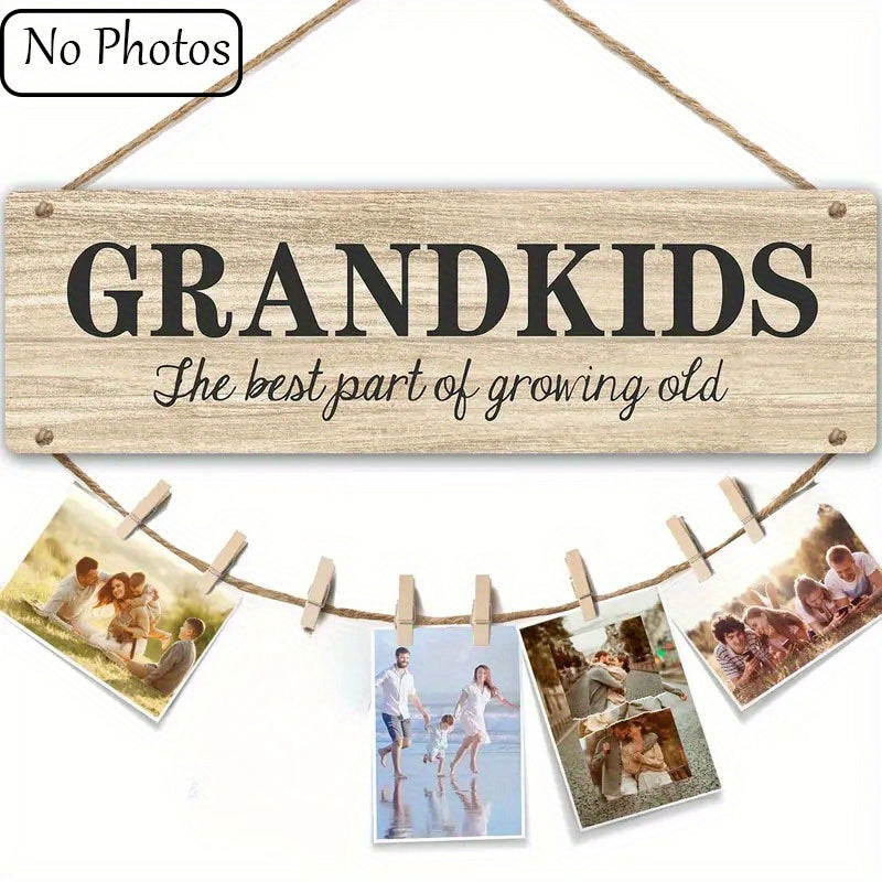 Grandkids Wooden Photo Frame Collage - 8-Clip, Easy-Hang Wall Decor for Home & Office, Heartwarming Family Gift with Rope, Perfect for Bedroom & Party Decorations