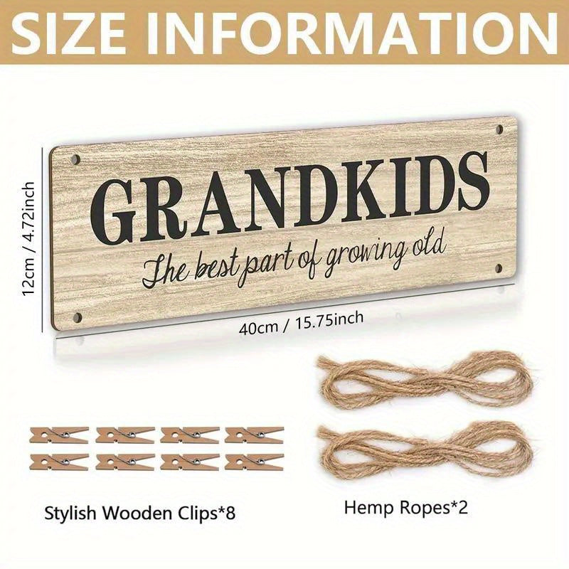 Grandkids Wooden Photo Frame Collage - 8-Clip, Easy-Hang Wall Decor for Home & Office, Heartwarming Family Gift with Rope, Perfect for Bedroom & Party Decorations