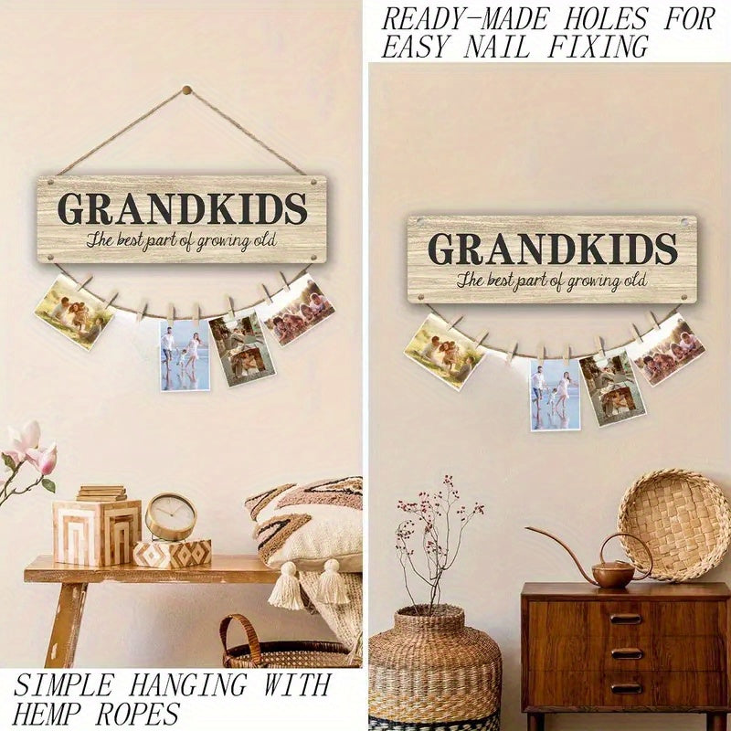 Grandkids Wooden Photo Frame Collage - 8-Clip, Easy-Hang Wall Decor for Home & Office, Heartwarming Family Gift with Rope, Perfect for Bedroom & Party Decorations