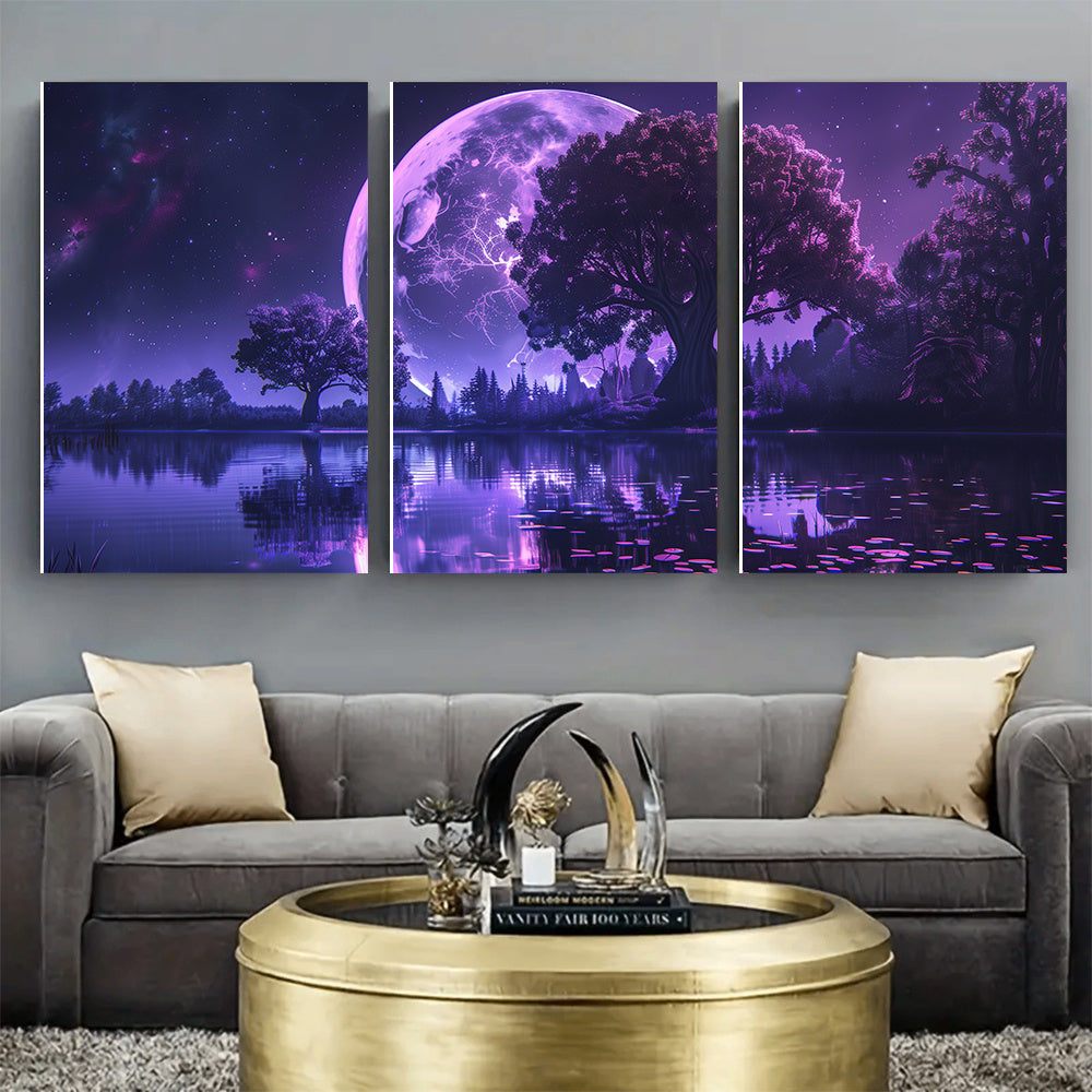 3pcs Set of Vibrant Purple Moon Canvas Art Prints - Unframed, Modern Wall Decor for Living Room & Bedroom with Easy Hanging System, 16x24 Inches, High-Quality Printing, and Durable Construction