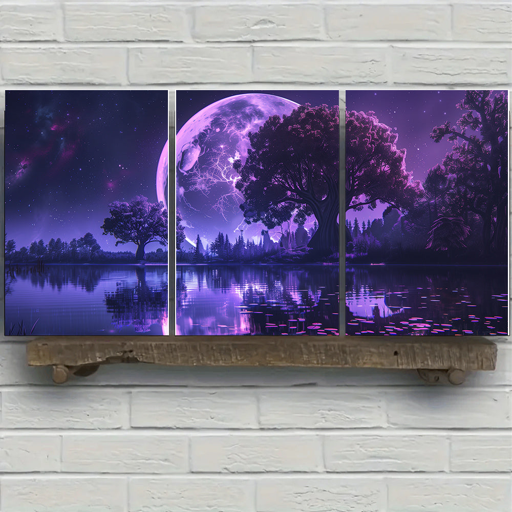 3pcs Set of Vibrant Purple Moon Canvas Art Prints - Unframed, Modern Wall Decor for Living Room & Bedroom with Easy Hanging System, 16x24 Inches, High-Quality Printing, and Durable Construction