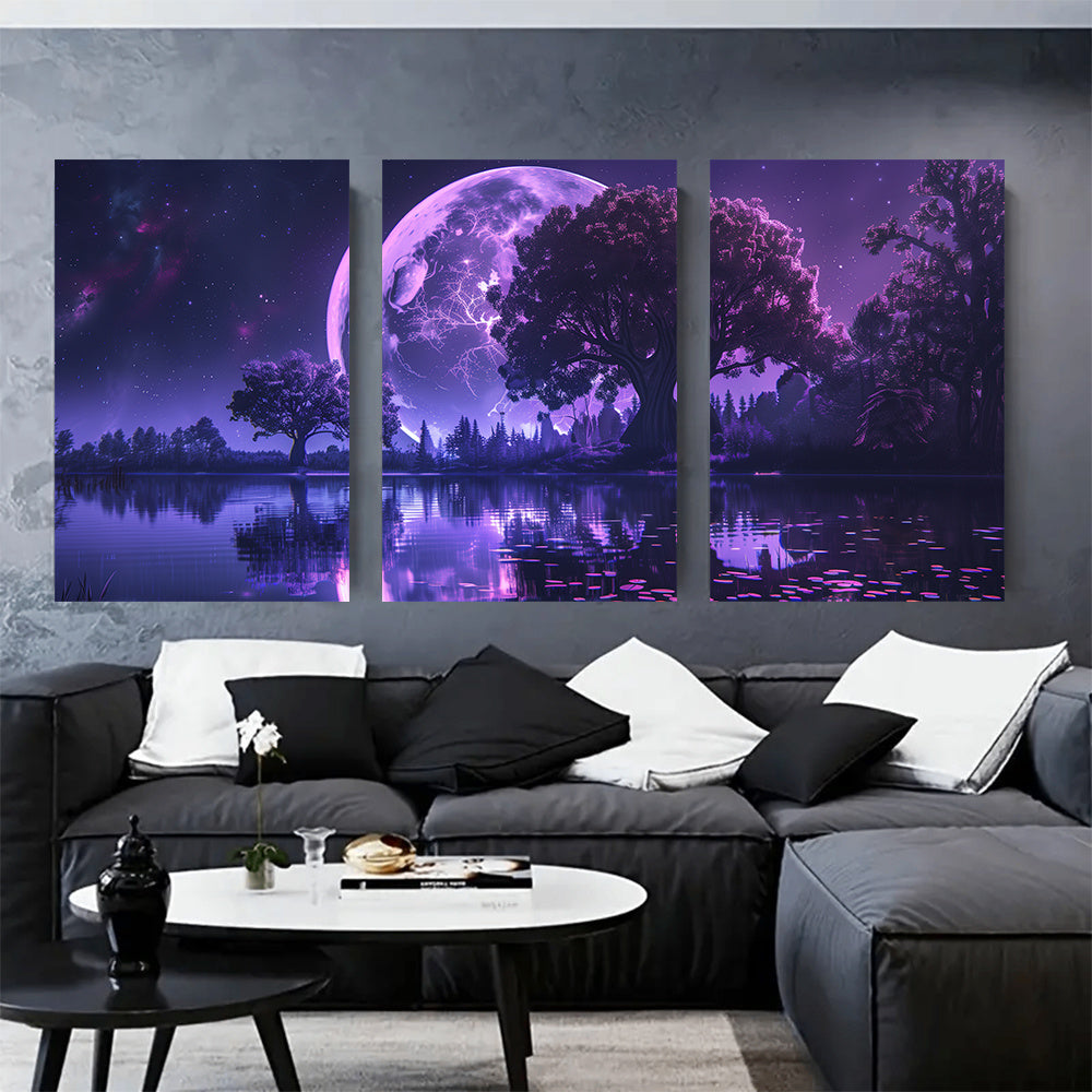 3pcs Set of Vibrant Purple Moon Canvas Art Prints - Unframed, Modern Wall Decor for Living Room & Bedroom with Easy Hanging System, 16x24 Inches, High-Quality Printing, and Durable Construction