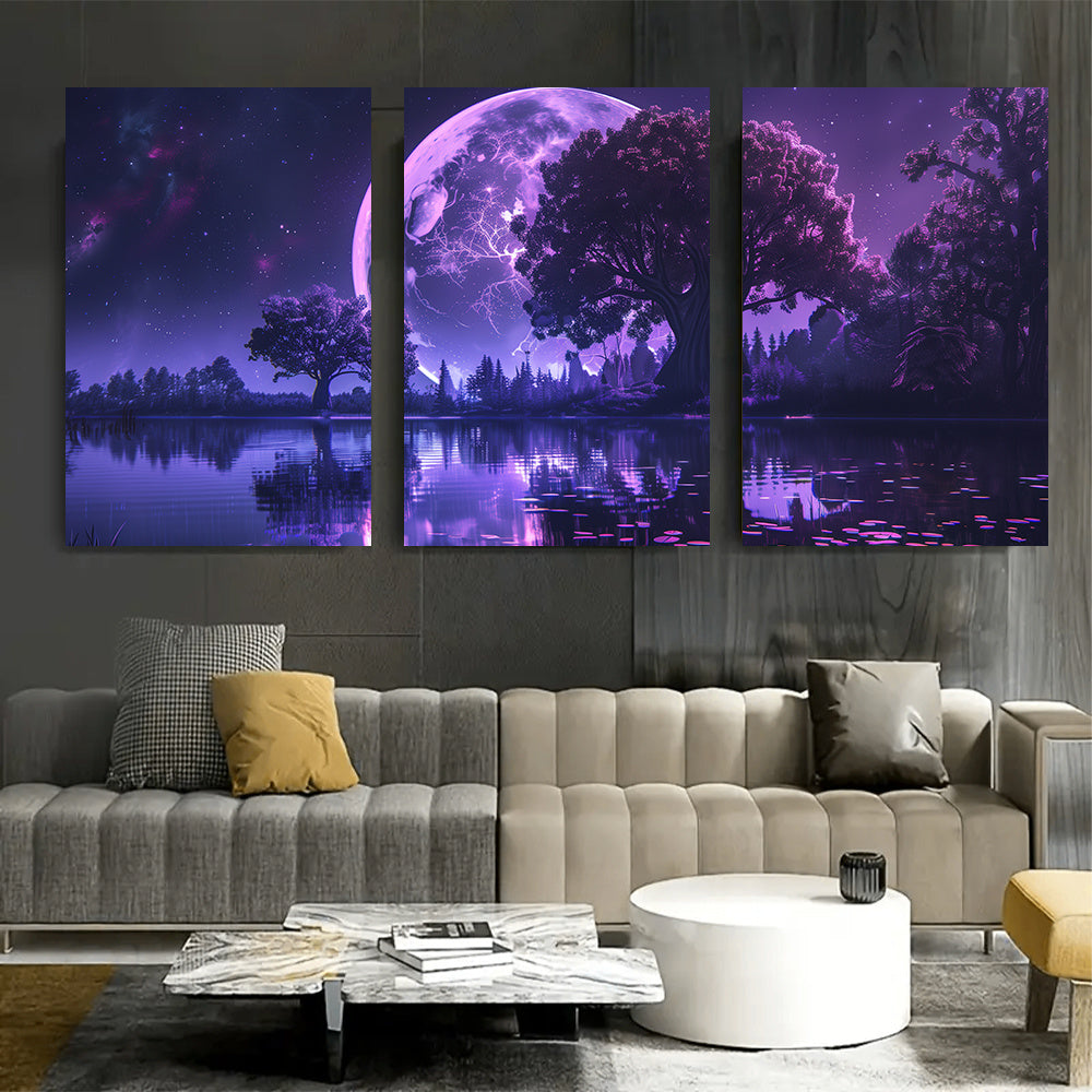 3pcs Set of Vibrant Purple Moon Canvas Art Prints - Unframed, Modern Wall Decor for Living Room & Bedroom with Easy Hanging System, 16x24 Inches, High-Quality Printing, and Durable Construction