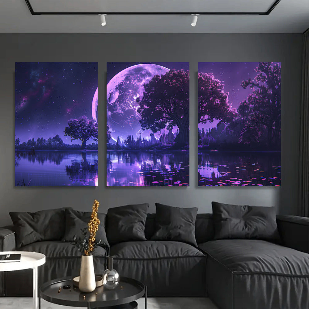 3pcs Set of Vibrant Purple Moon Canvas Art Prints - Unframed, Modern Wall Decor for Living Room & Bedroom with Easy Hanging System, 16x24 Inches, High-Quality Printing, and Durable Construction