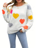 Womens Fuzzy Knit Sweater Long Sleeve Round Neck Heart Print Warm Valentine's Day Pullover Sweater for Fall Winter