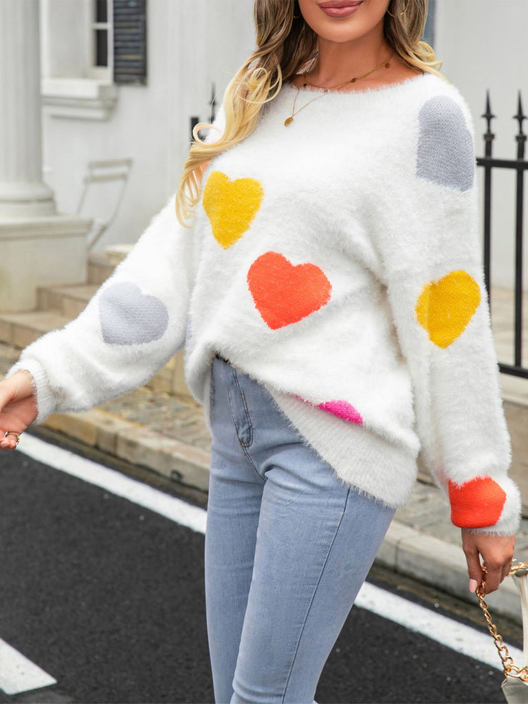 Womens Fuzzy Knit Sweater Long Sleeve Round Neck Heart Print Warm Valentine's Day Pullover Sweater for Fall Winter