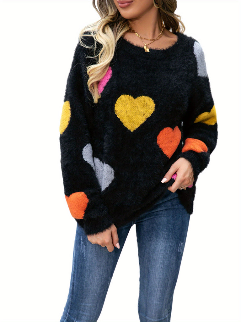 Womens Fuzzy Knit Sweater Long Sleeve Round Neck Heart Print Warm Valentine's Day Pullover Sweater for Fall Winter