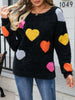 Womens Fuzzy Knit Sweater Long Sleeve Round Neck Heart Print Warm Valentine's Day Pullover Sweater for Fall Winter