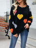 Womens Fuzzy Knit Sweater Long Sleeve Round Neck Heart Print Warm Valentine's Day Pullover Sweater for Fall Winter