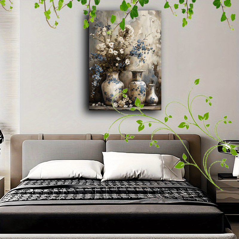 1pc Wooden Framed Canvas Painting Artistic printing, corridor home living room decoration suspensibility Vintage jars white blue flowers