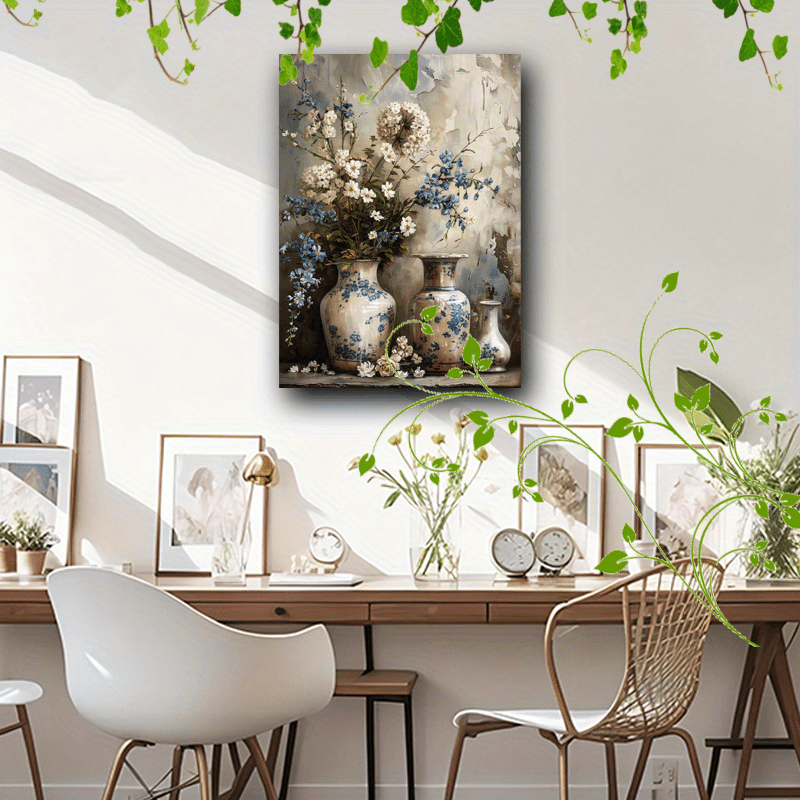 1pc Wooden Framed Canvas Painting Artistic printing, corridor home living room decoration suspensibility Vintage jars white blue flowers