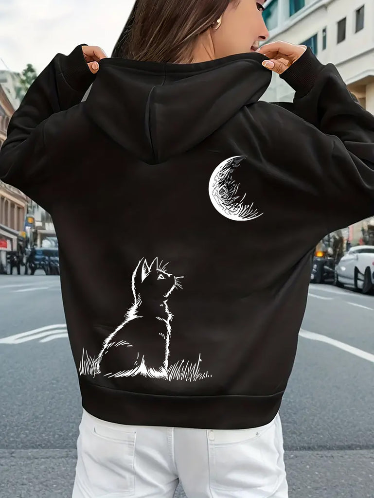 Cat & Moon Print Pullover Hoodie, Casual Long Sleeve Kangaroo Pocket Hoodies Sweatshirt For Fall & Winter, Women's Clothing