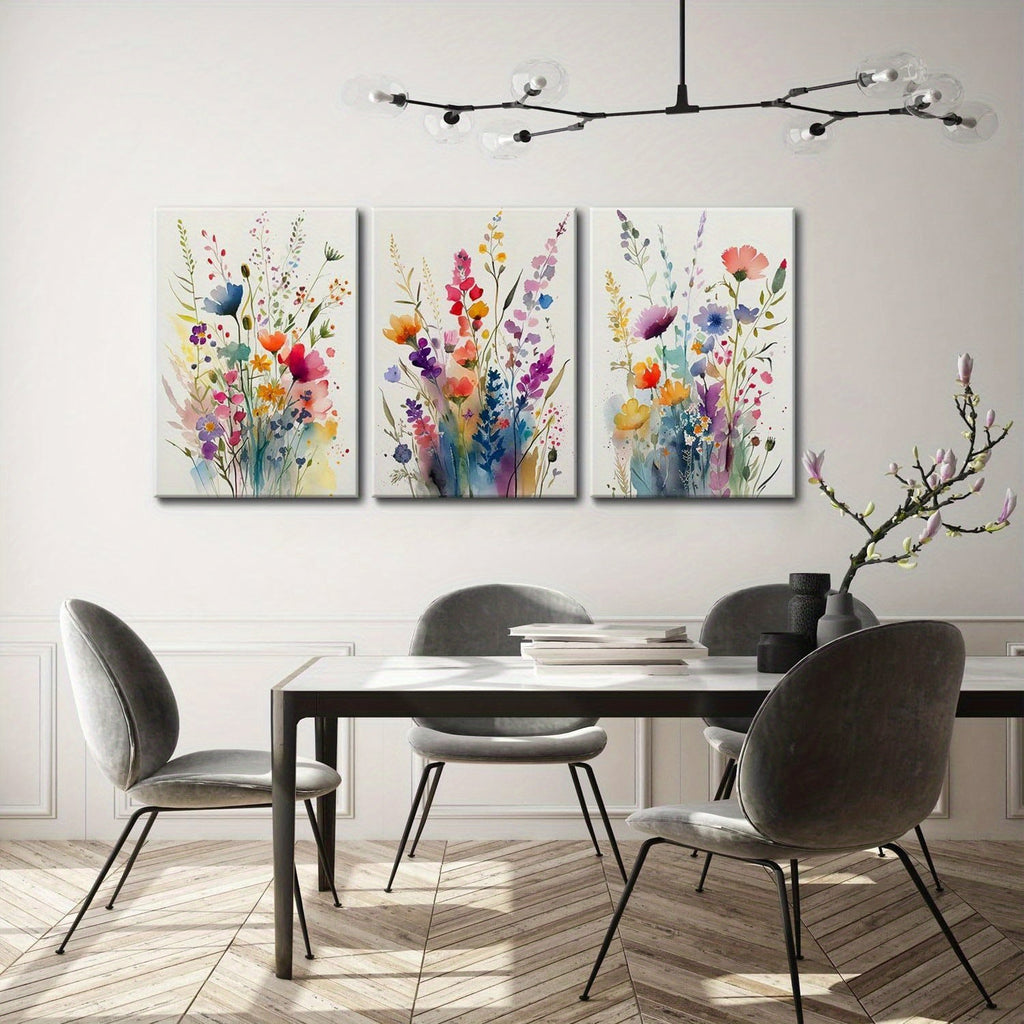 KISSFOX Framed Colorful Wildflower Canvas Wall Art Set Of 3 Flowers Pictures Prints Flowers Printing Floral Watercolors Flower wall Decor Living Room Girls Bedroom Bathroom