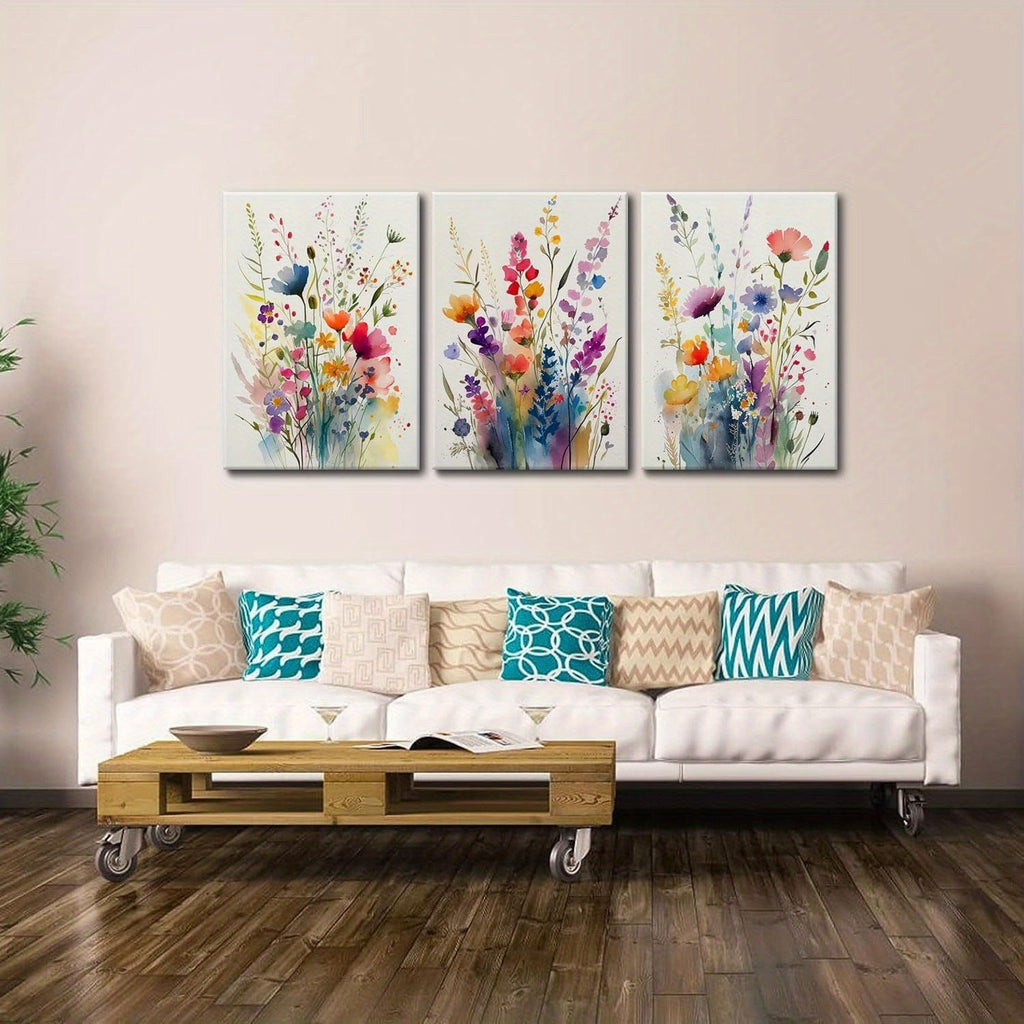 KISSFOX Framed Colorful Wildflower Canvas Wall Art Set Of 3 Flowers Pictures Prints Flowers Printing Floral Watercolors Flower wall Decor Living Room Girls Bedroom Bathroom
