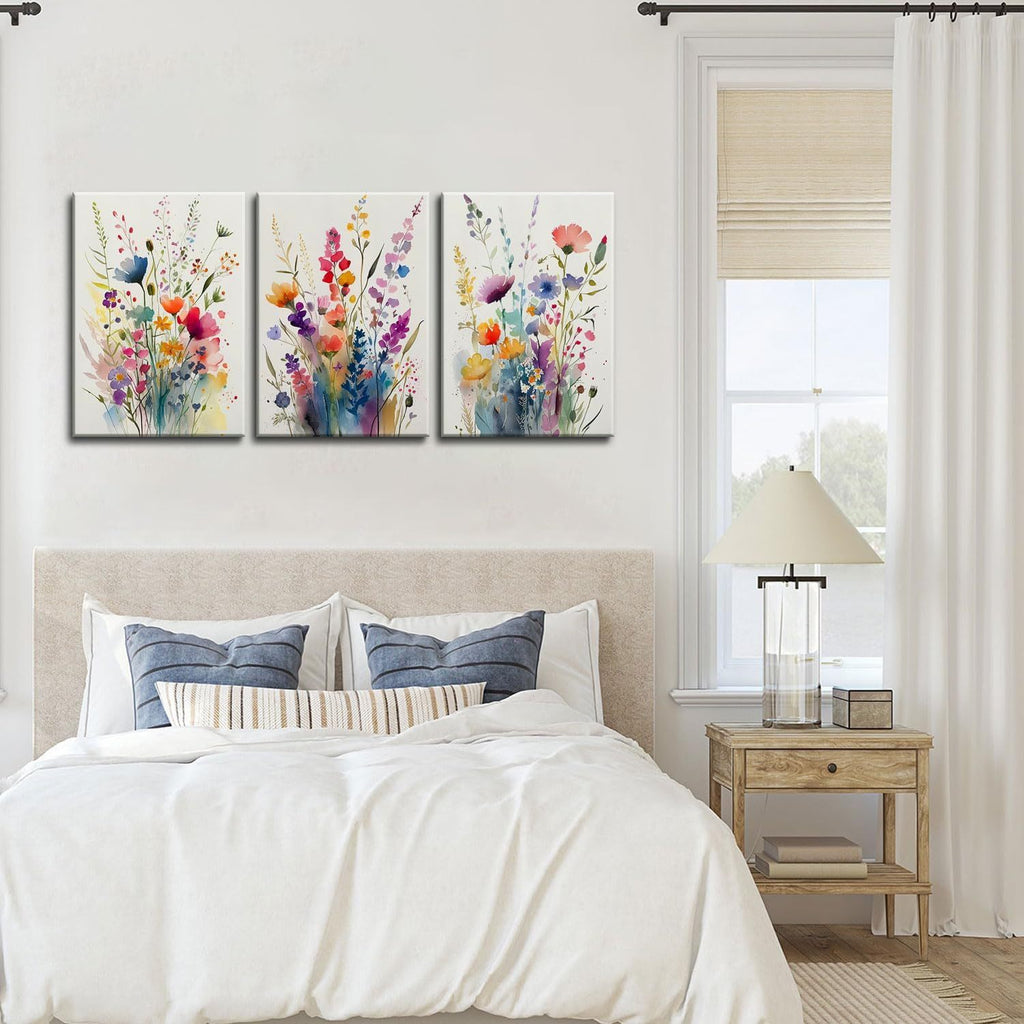 KISSFOX Framed Colorful Wildflower Canvas Wall Art Set Of 3 Flowers Pictures Prints Flowers Printing Floral Watercolors Flower wall Decor Living Room Girls Bedroom Bathroom