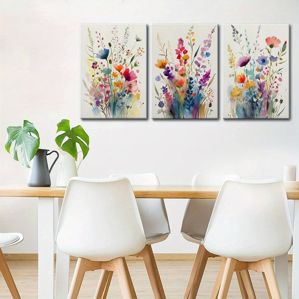 KISSFOX Framed Colorful Wildflower Canvas Wall Art Set Of 3 Flowers Pictures Prints Flowers Printing Floral Watercolors Flower wall Decor Living Room Girls Bedroom Bathroom
