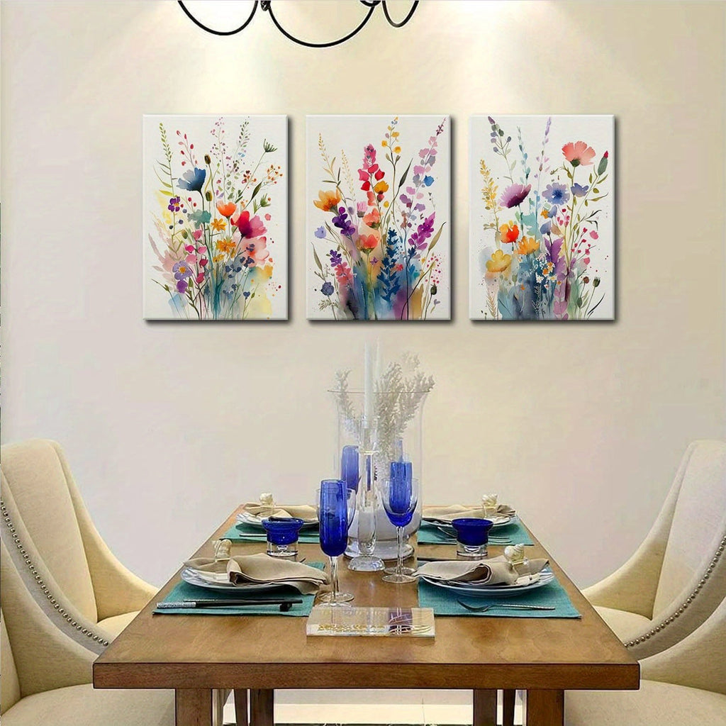 KISSFOX Framed Colorful Wildflower Canvas Wall Art Set Of 3 Flowers Pictures Prints Flowers Printing Floral Watercolors Flower wall Decor Living Room Girls Bedroom Bathroom