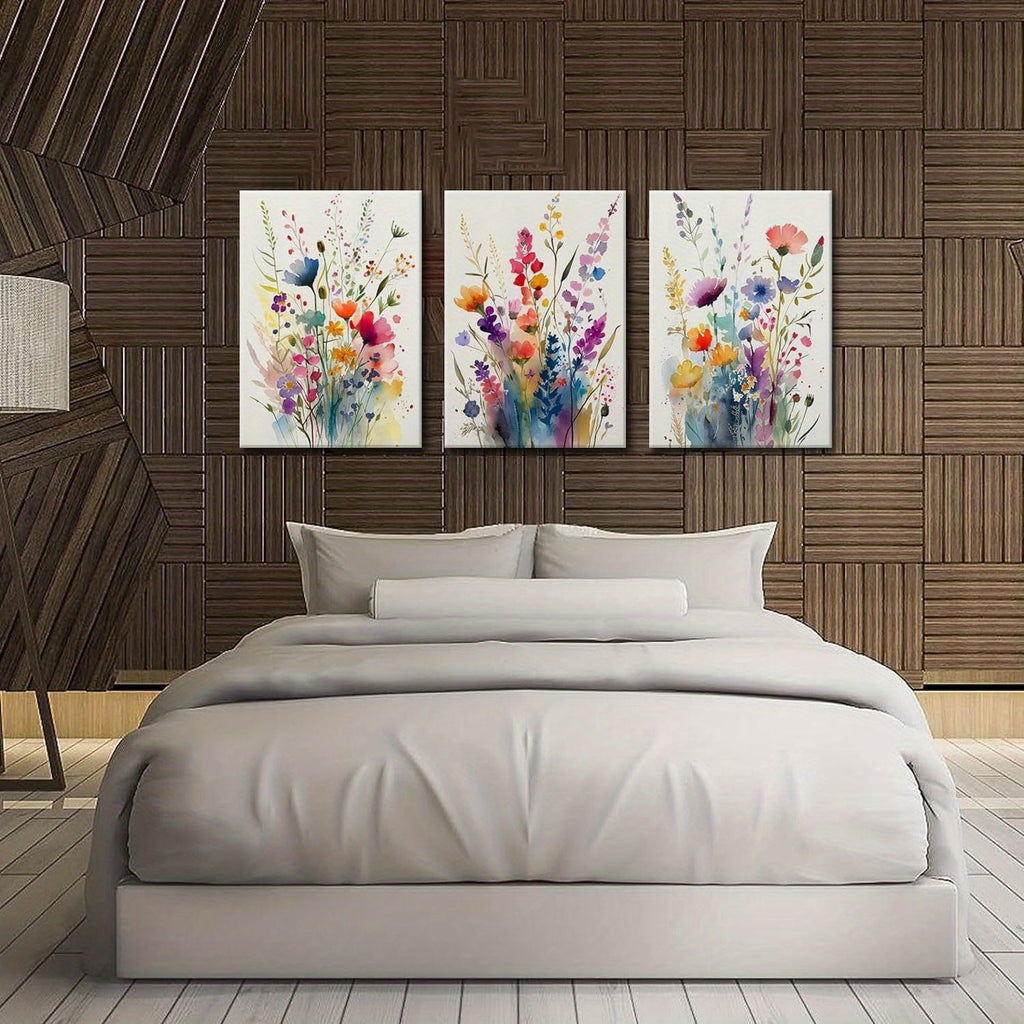 KISSFOX Framed Colorful Wildflower Canvas Wall Art Set Of 3 Flowers Pictures Prints Flowers Printing Floral Watercolors Flower wall Decor Living Room Girls Bedroom Bathroom