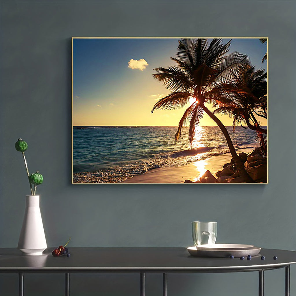 Sunset Beach Palm Tree Canvas Wall Art - 12x16 Inch, Unframed, Home Office Decor